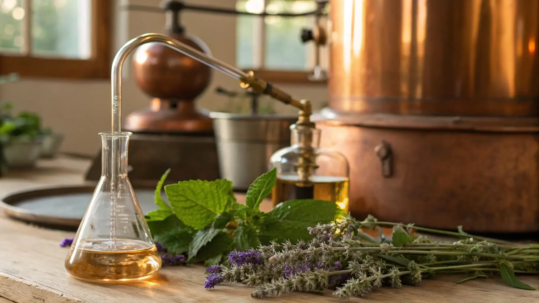 Essential oil extraction, steam distillation equipment and fresh herbs