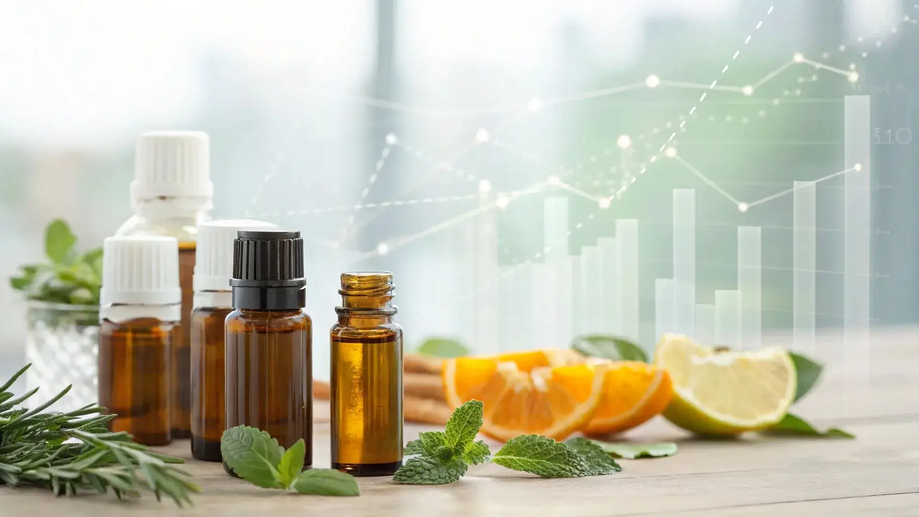 Essential oil trends 2025, sustainable packaging and industry trend visuals