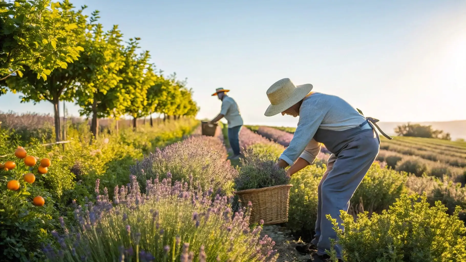 Sustainable essential oils, harvesting plants in organic essential oil farm