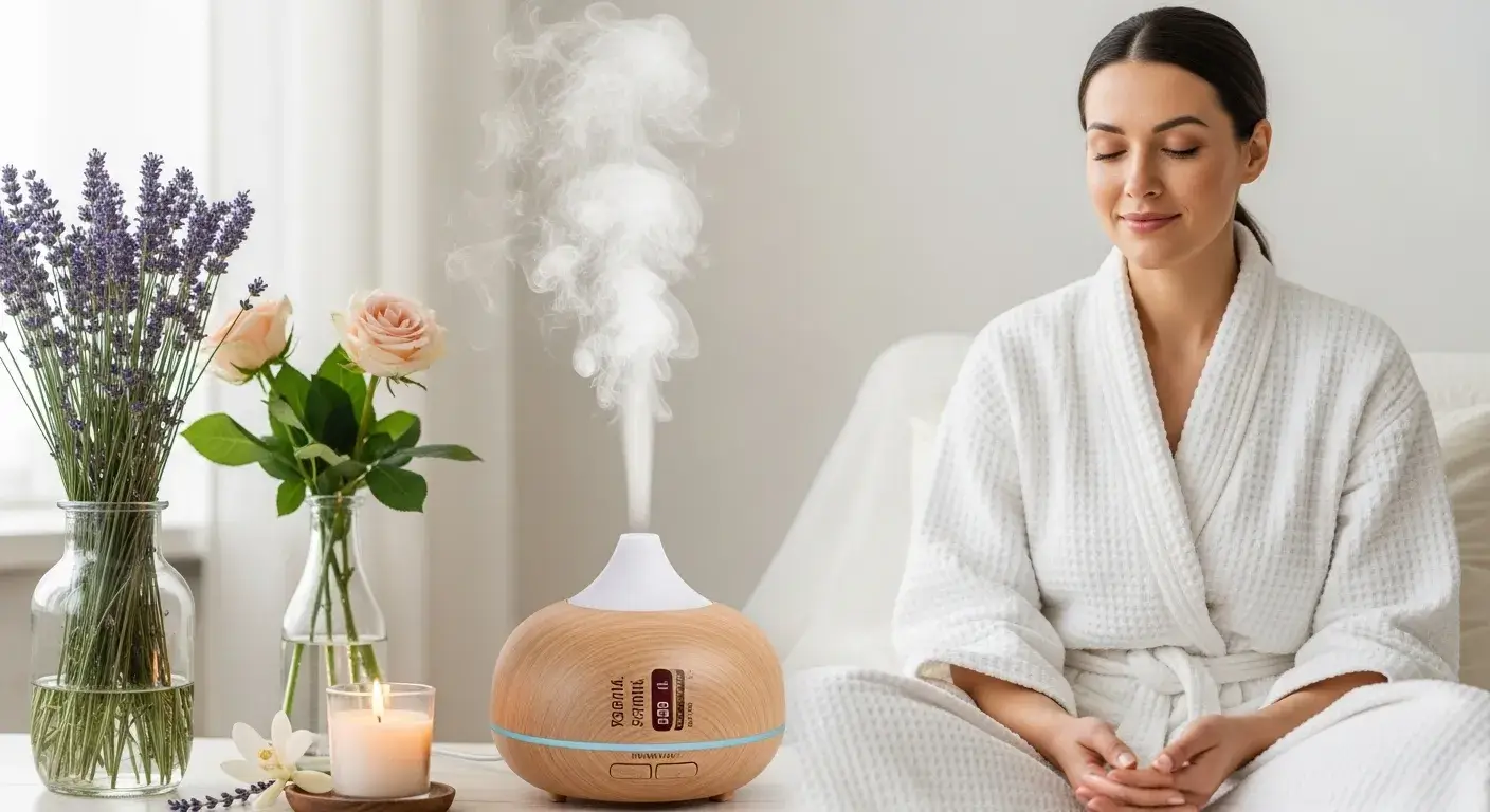 Woman relaxing with oil diffuser and floral blend