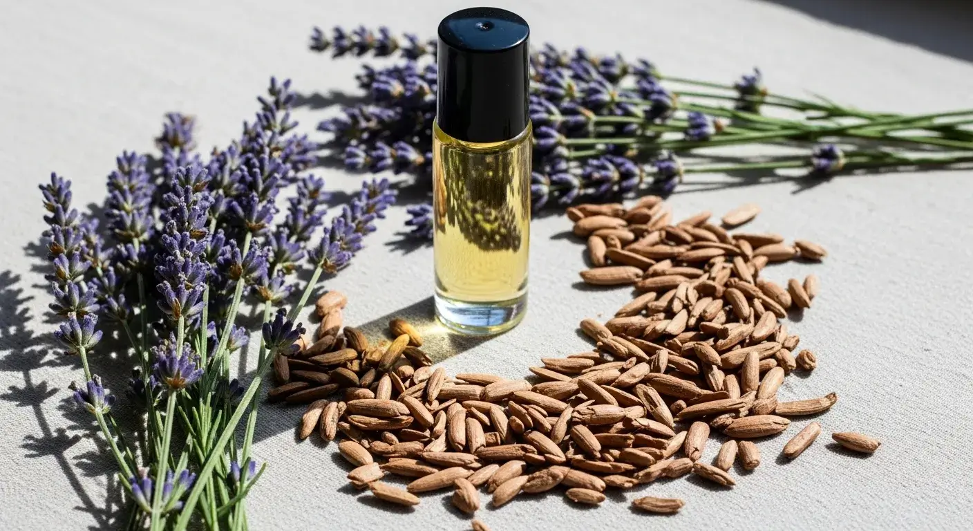 Lavender sprigs with cedarwood chips near roller bottle