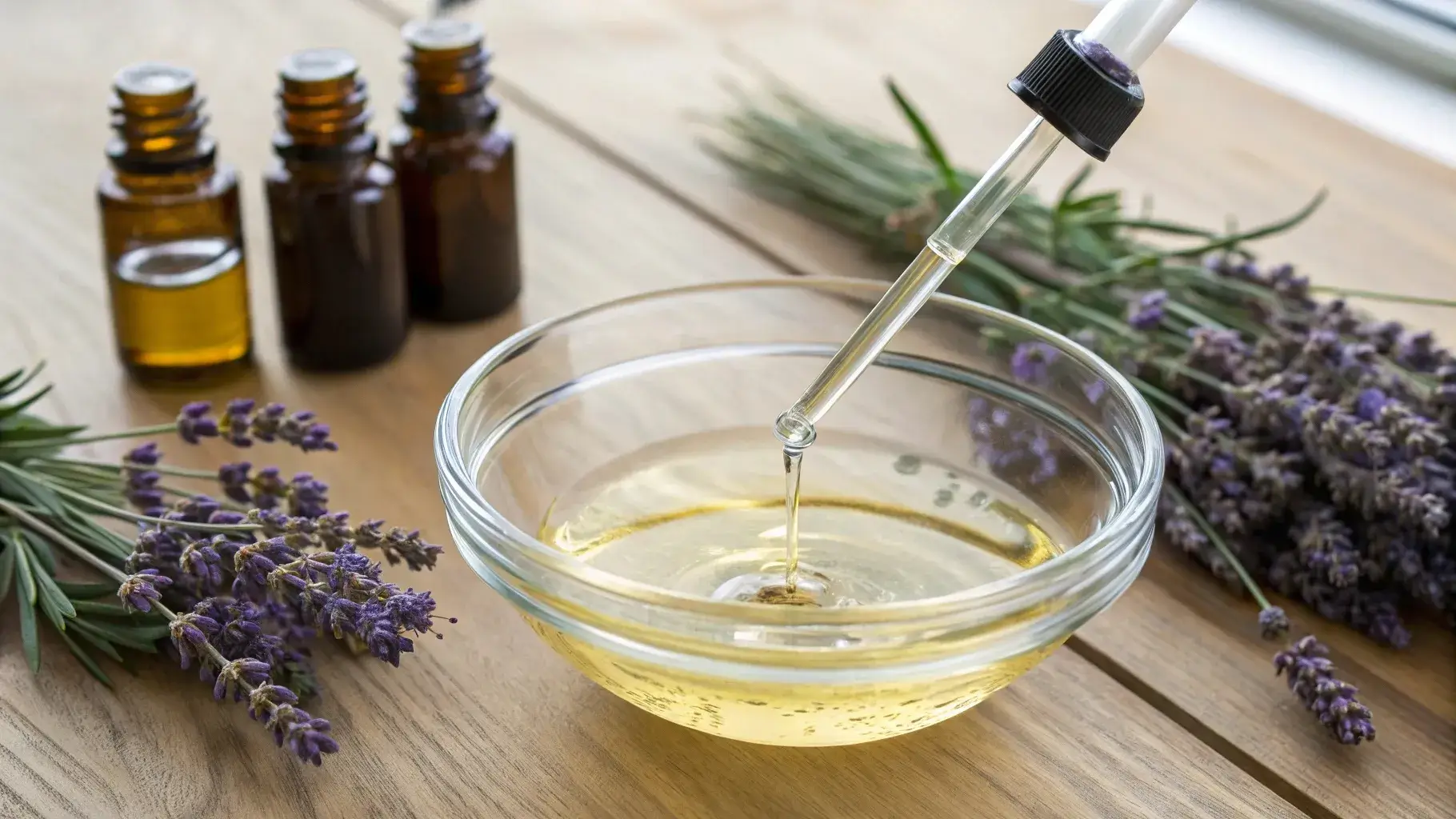 Mixing lavender and cedarwood oils in small glass bowl