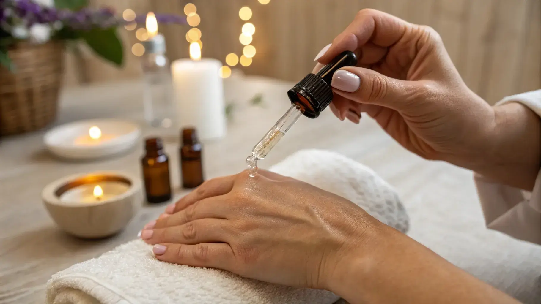 Person massaging lavender‑cedarwood blend into wrist