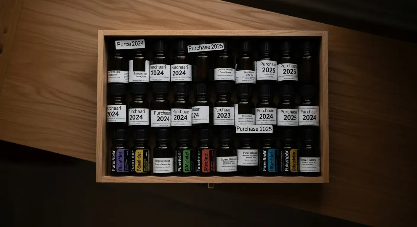 Essential oils stored in amber bottles inside a wooden box
