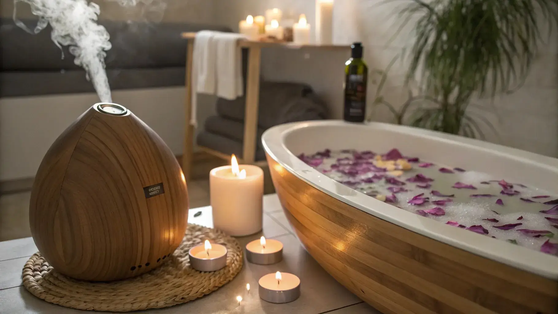Steam from diffuser and bath with lavender cedarwood oil
