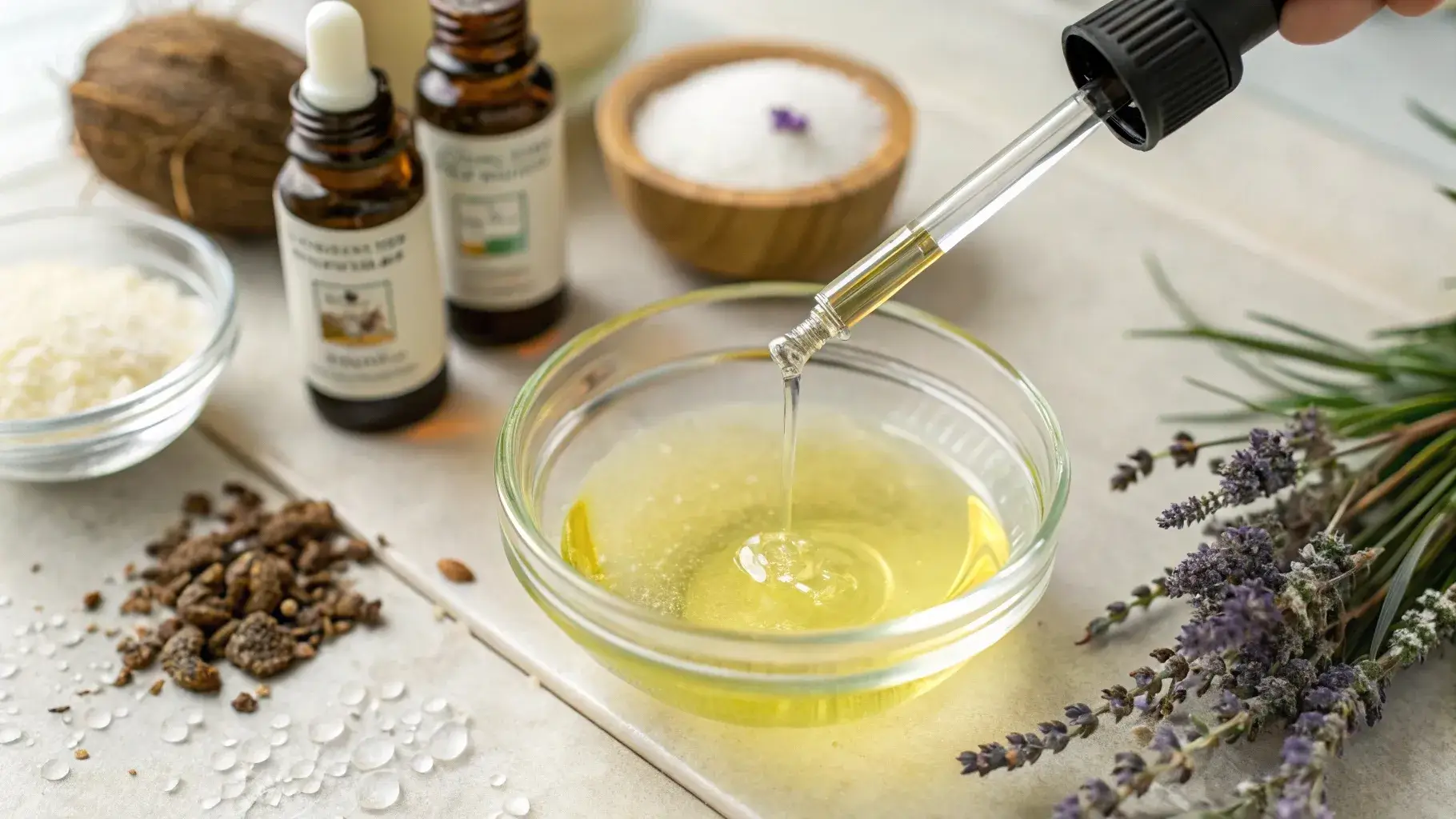 Lavender oil mixed in carrier oil bowl