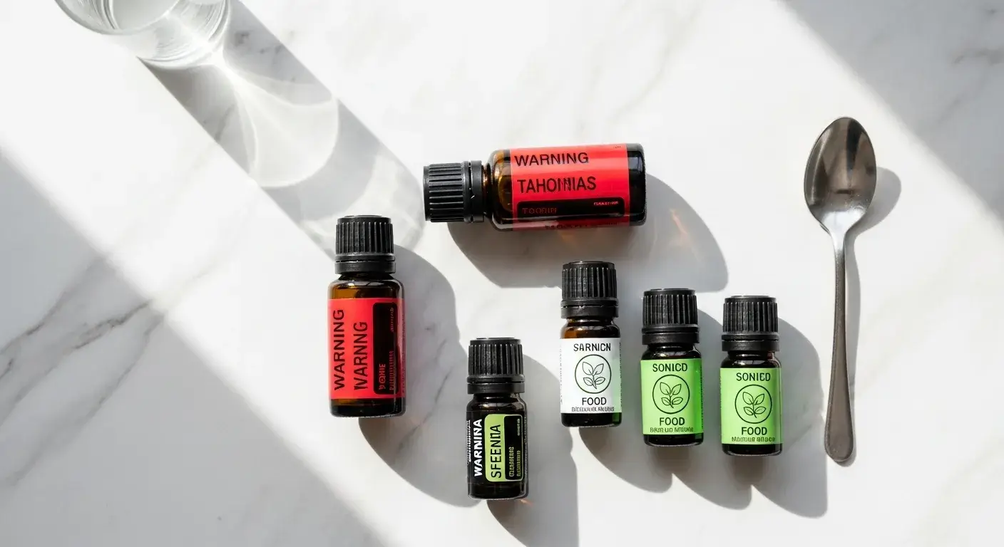Various essential oils with warning labels and food symbols