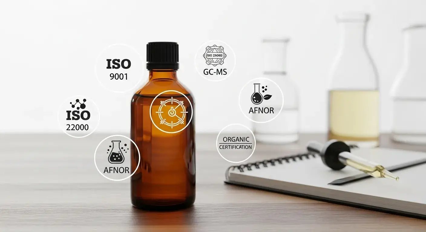 Essential oil bottle with ISO and GC-MS test badges