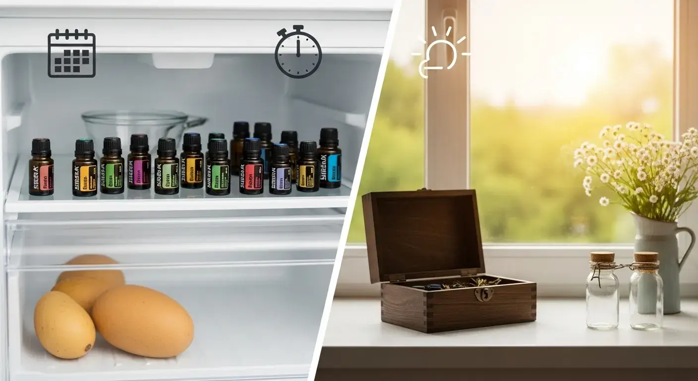 Essential oils stored in fridge, box, and window shelf