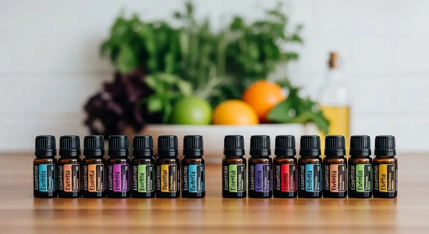 Essential oil bottles with caution and approval signs