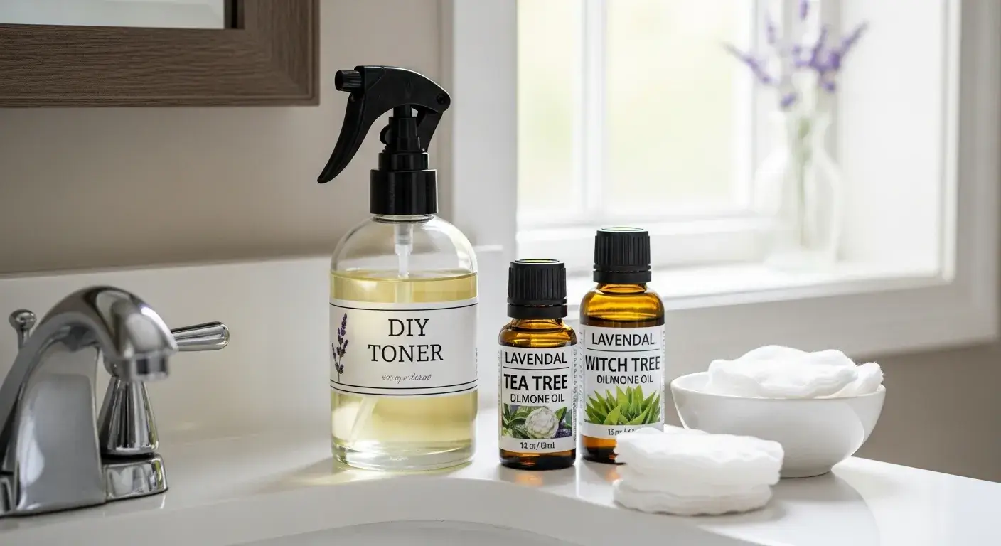 DIY toner with lavender and tea tree oils on vanity