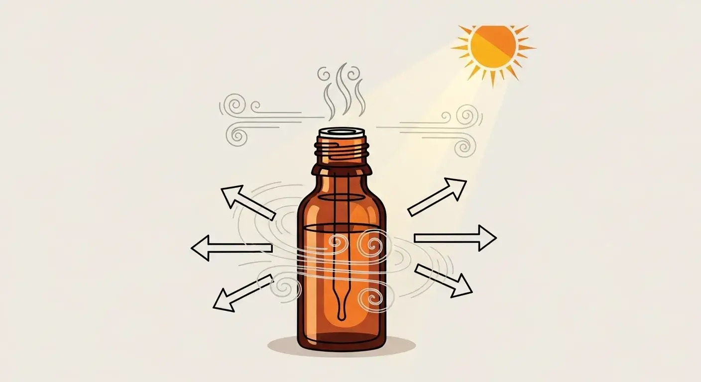 Graphic showing heat, light, and air degrading oil bottle