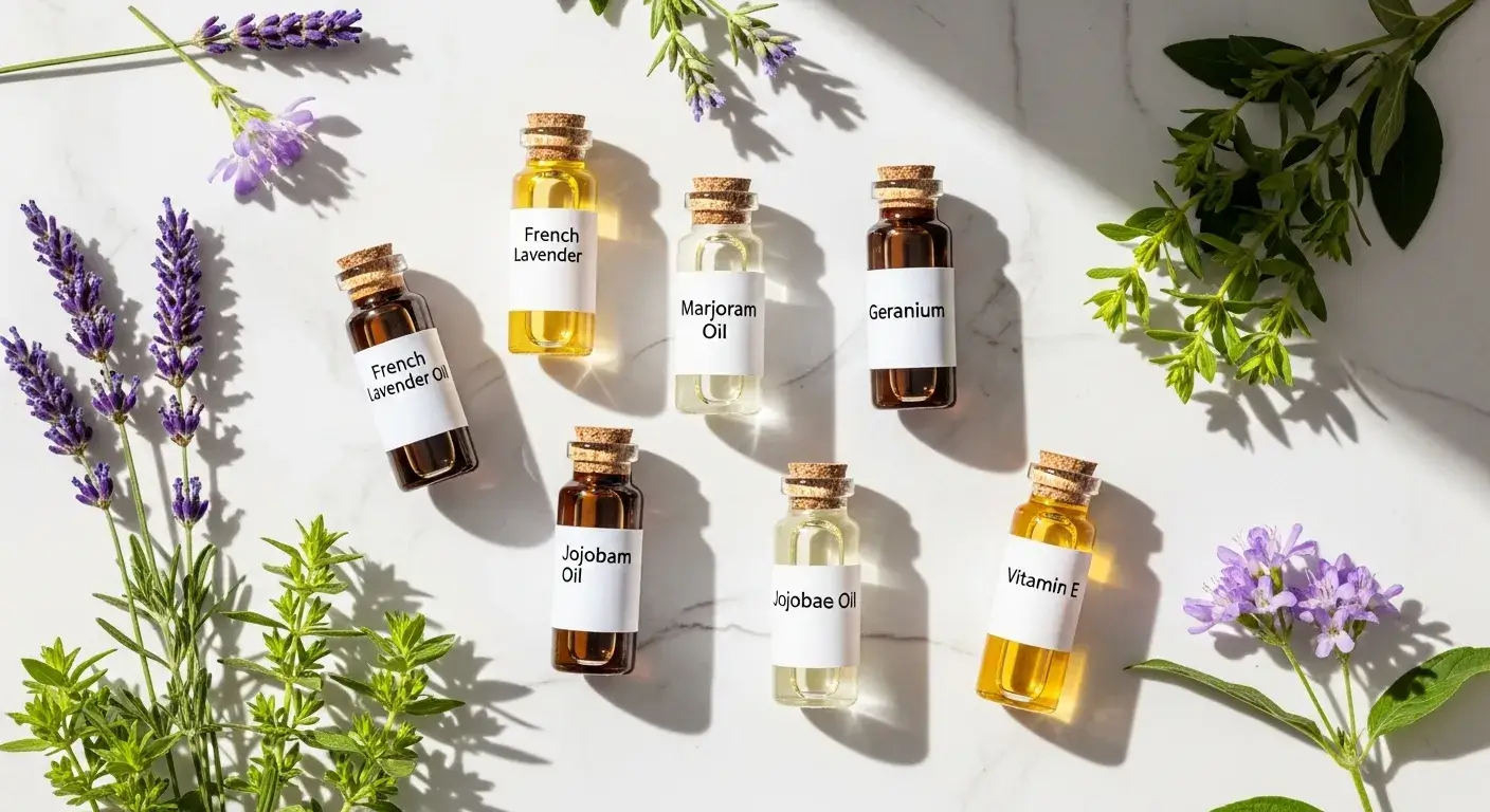 French lavender oil ingredients laid out neatly