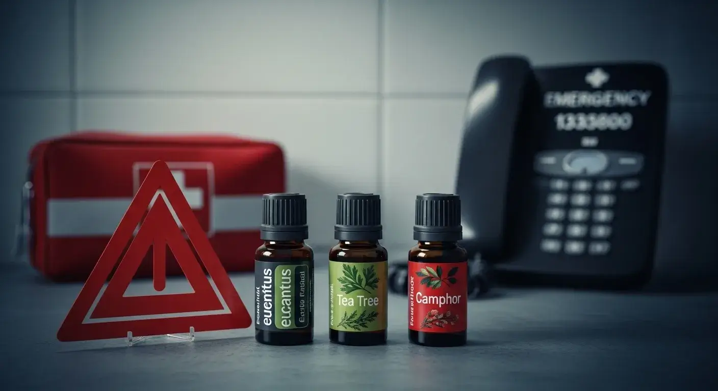 Warning sign next to toxic essential oil bottles