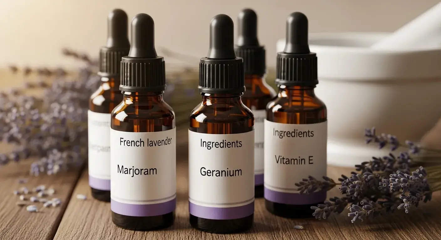 Close-up of essential oil bottles and herbs