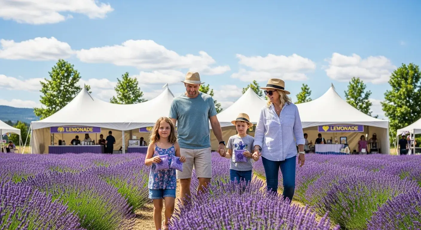 Family walking through lavender field during festival