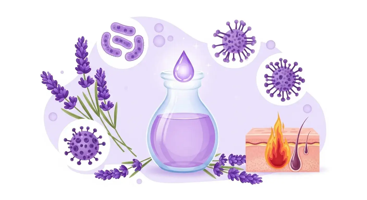 Lavender oil with bacteria and skin icons