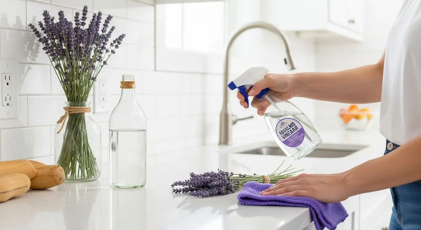 Lavender oil cleaning spray in use