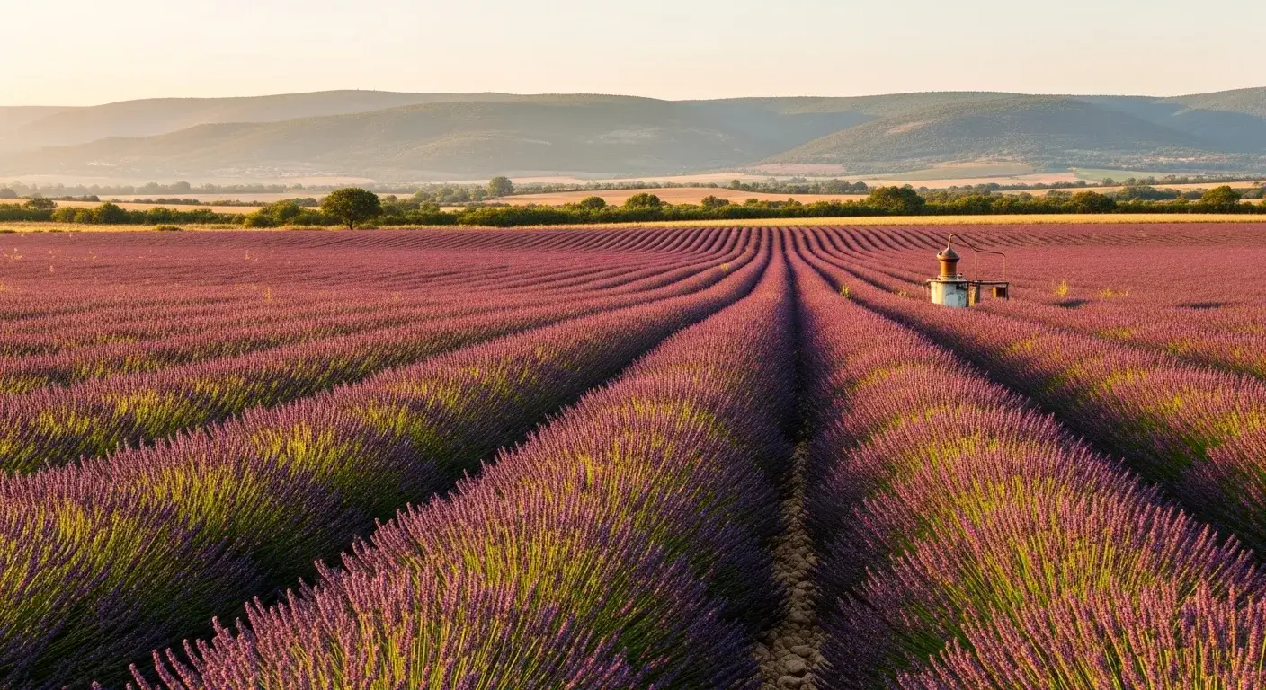 Lavender fields in Provence with distillation still in background