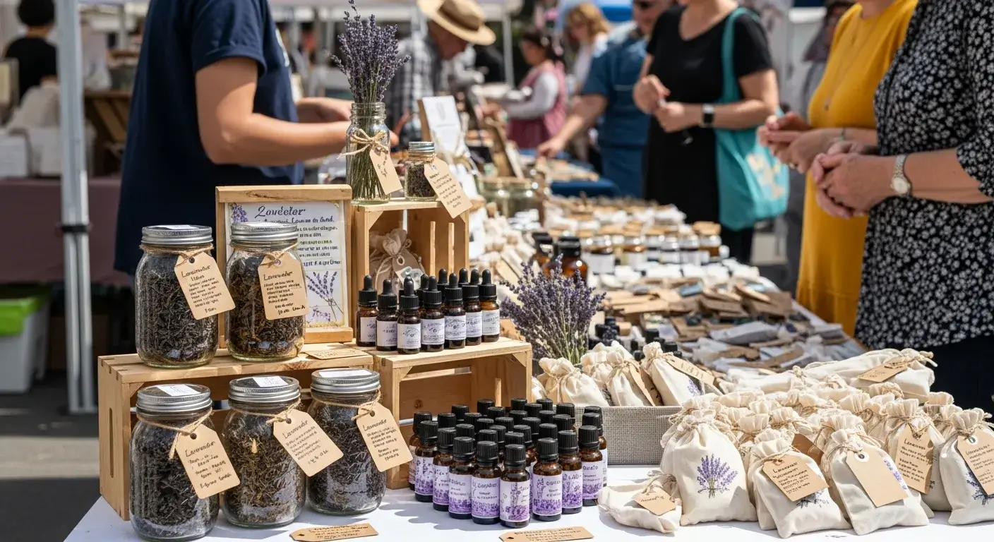 Farmer’s market stand selling lavender teas and oils