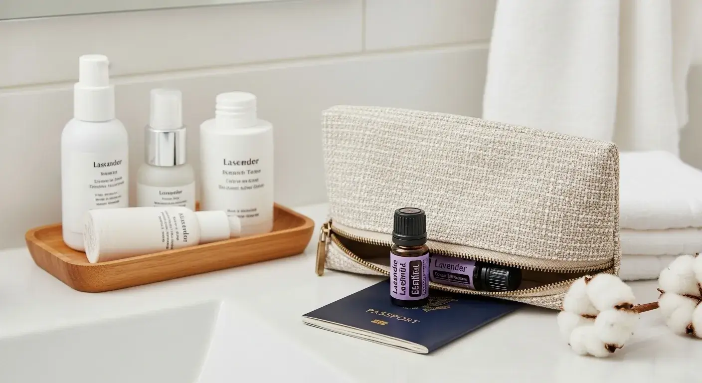 Lavender oil in bathroom and travel kit
