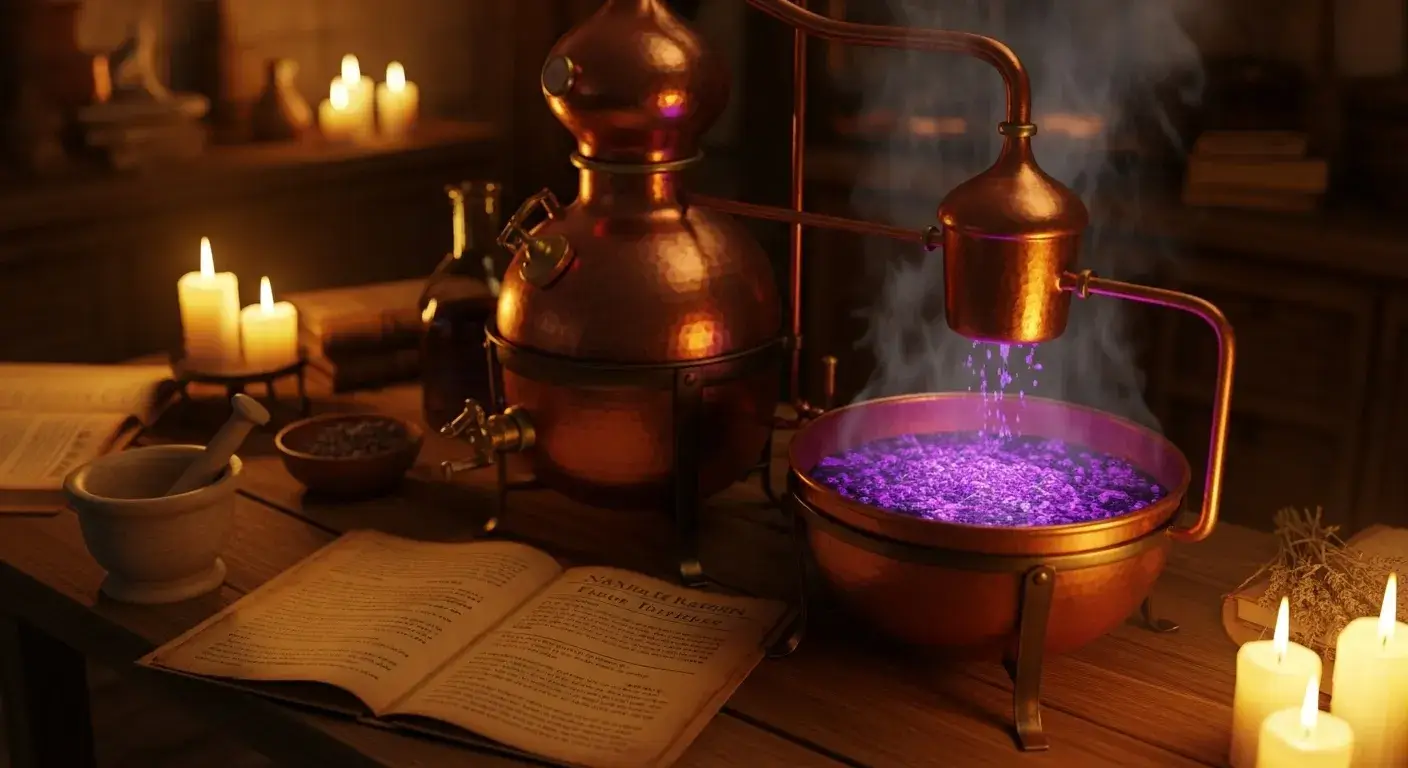 Medieval apothecary with early distillation setup