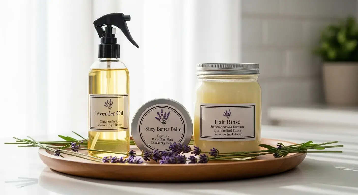 DIY lavender spray, balm, and hair rinse setup