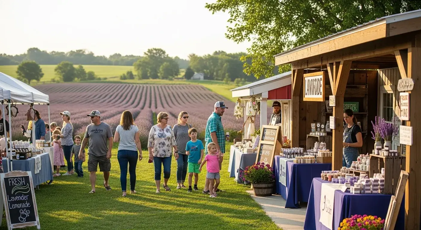 People buying lavender products at small town farmstand