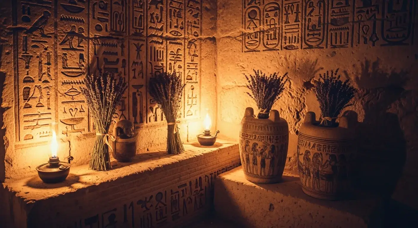 Egyptian tomb scene with lavender bundles and funerary jars