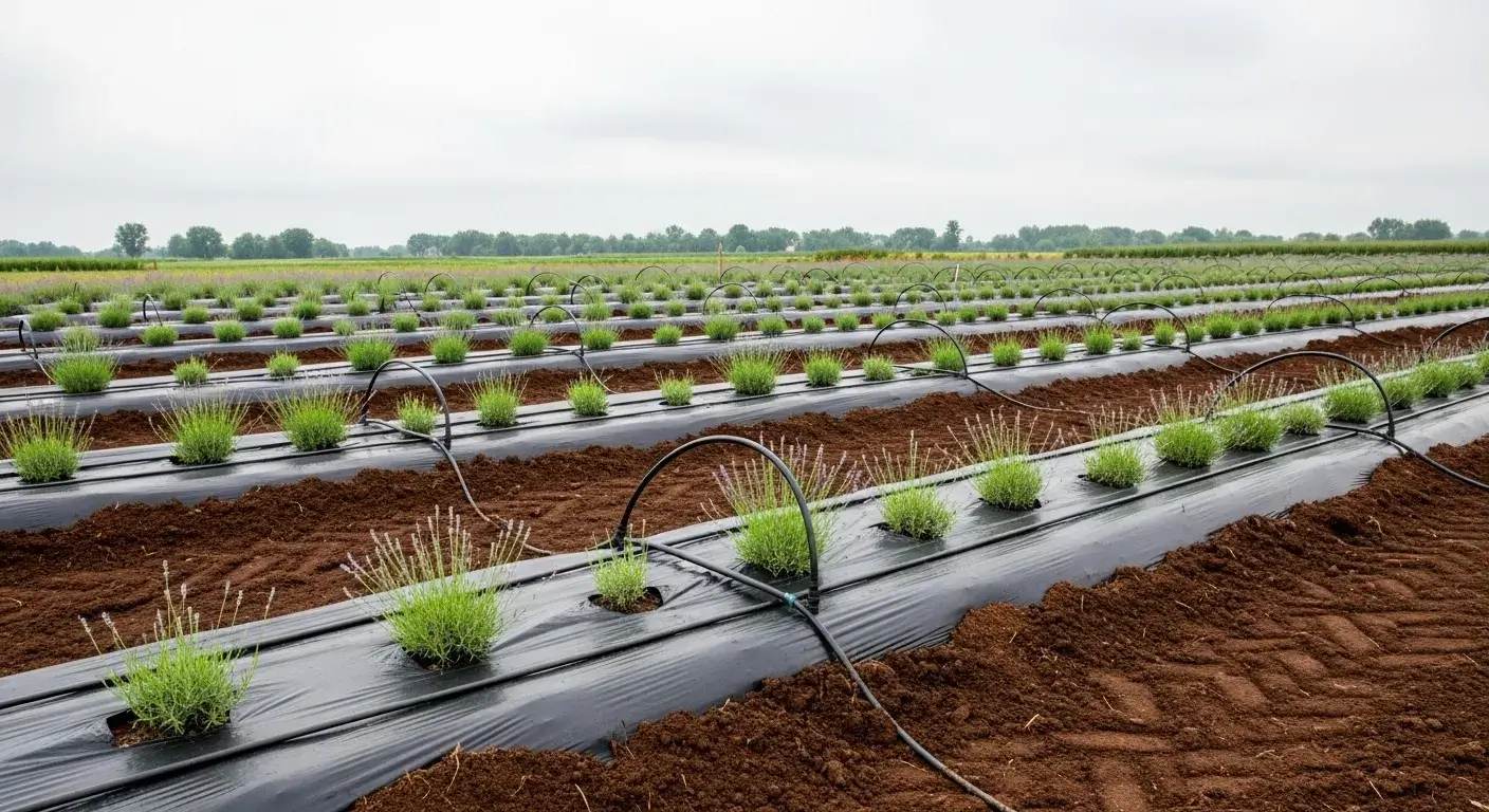 Raised lavender beds with plastic mulch and drip irrigation