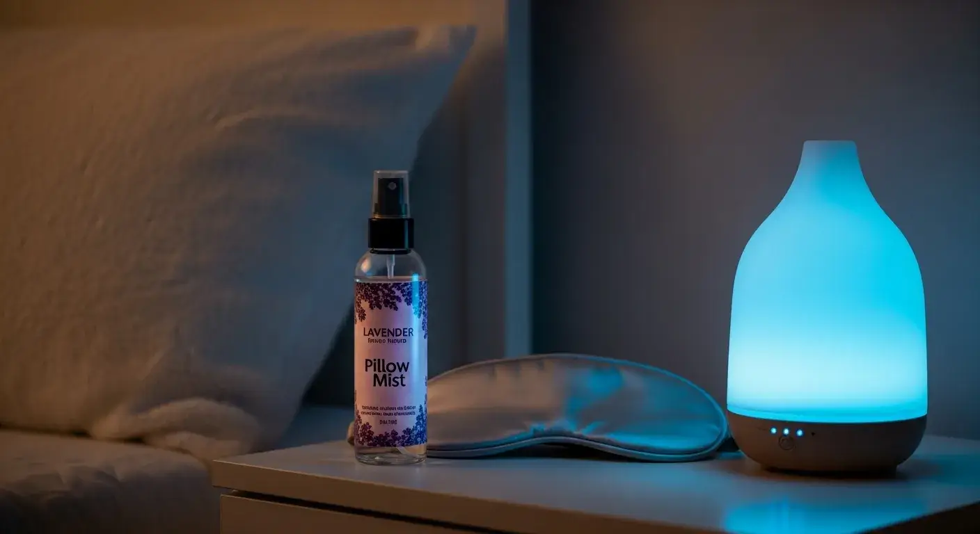 Lavender spray bottle beside bed and pillow