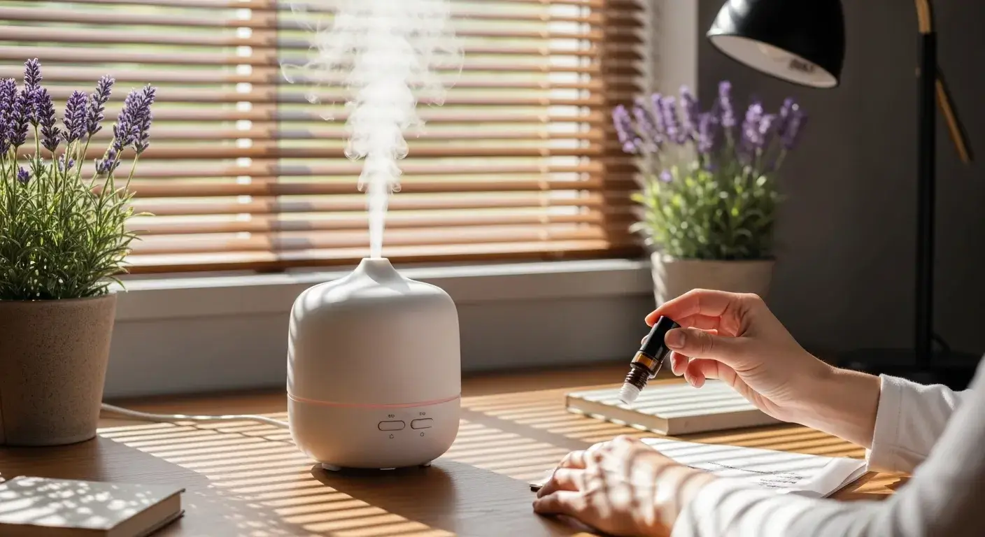Diffuser with lavender steam in calming home office