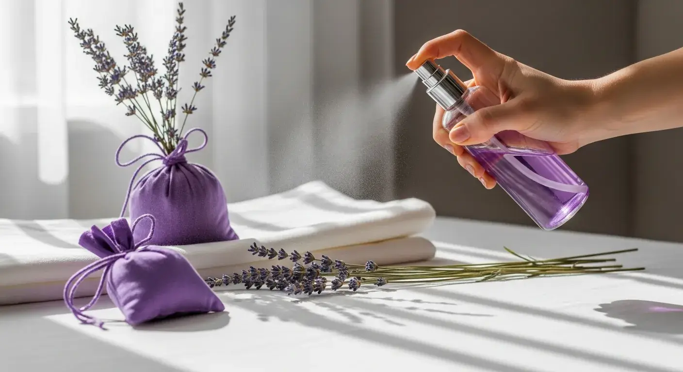 Lavender spray bottle and fresh linens