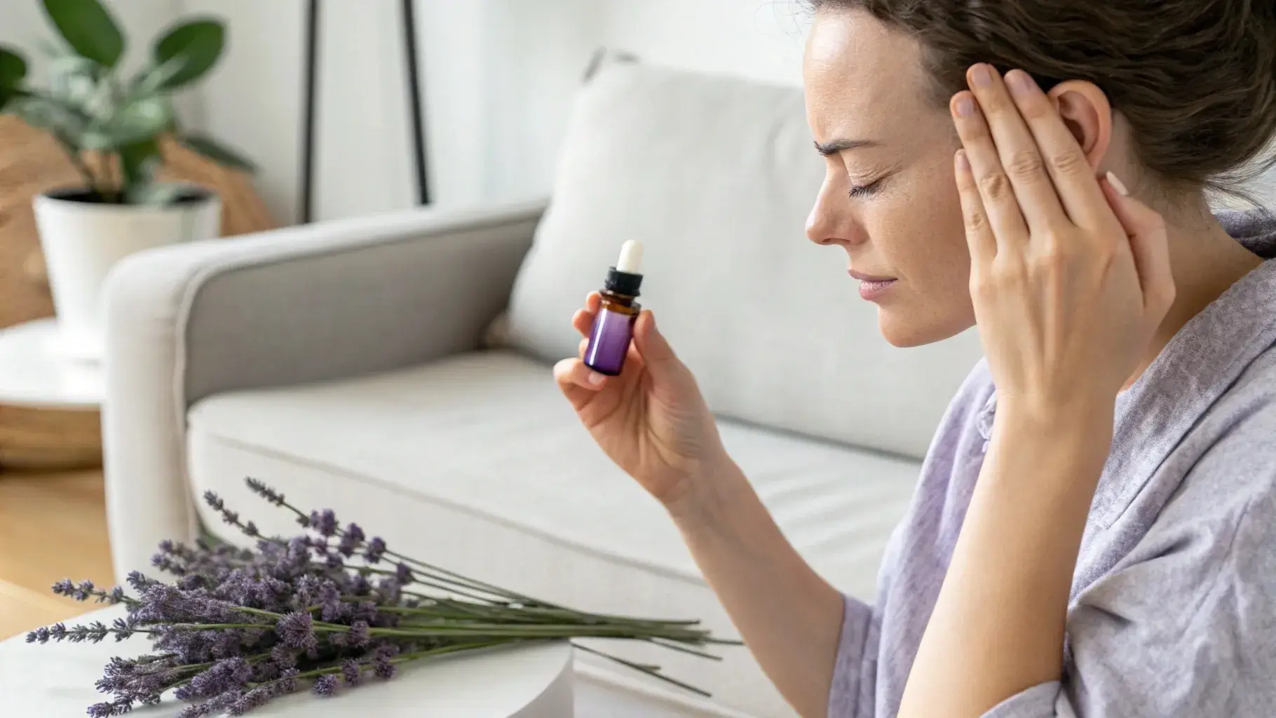 Person massaging temples with lavender oil