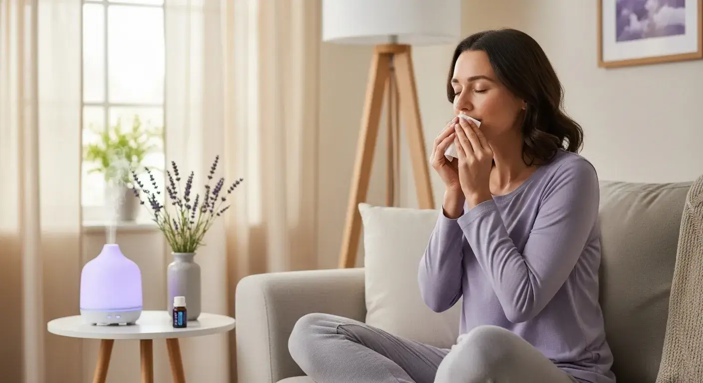 Woman inhaling lavender oil at home