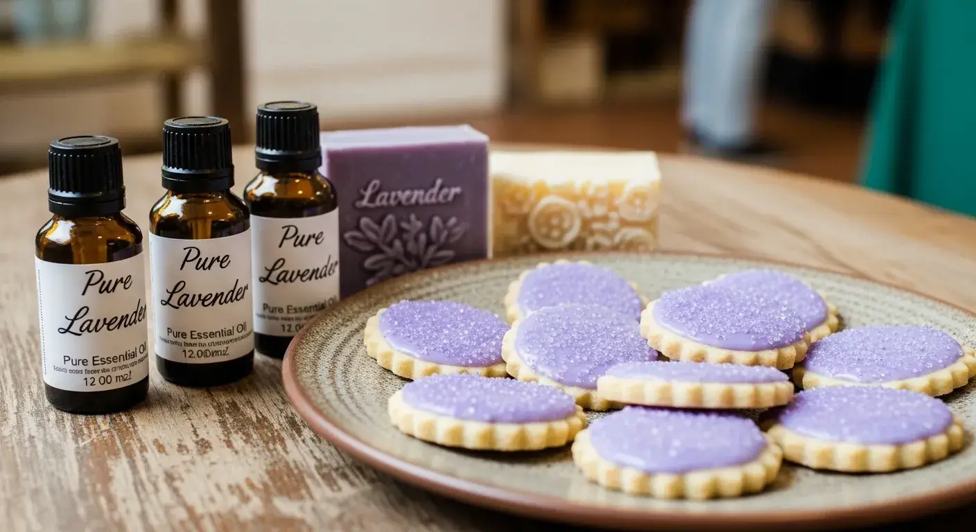 Lavender sugar cookies, oils, and handmade soap at market
