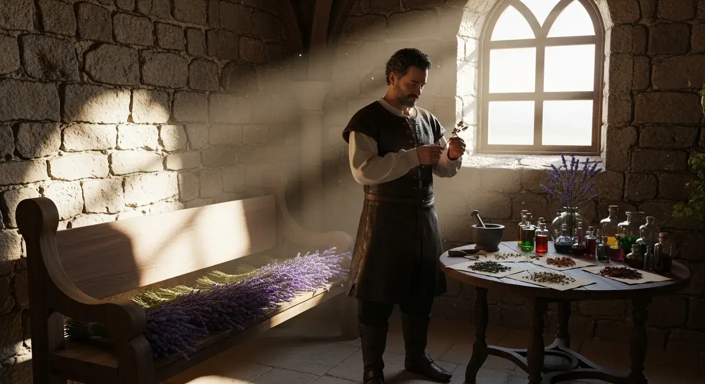 Renaissance herbalist preparing lavender remedy