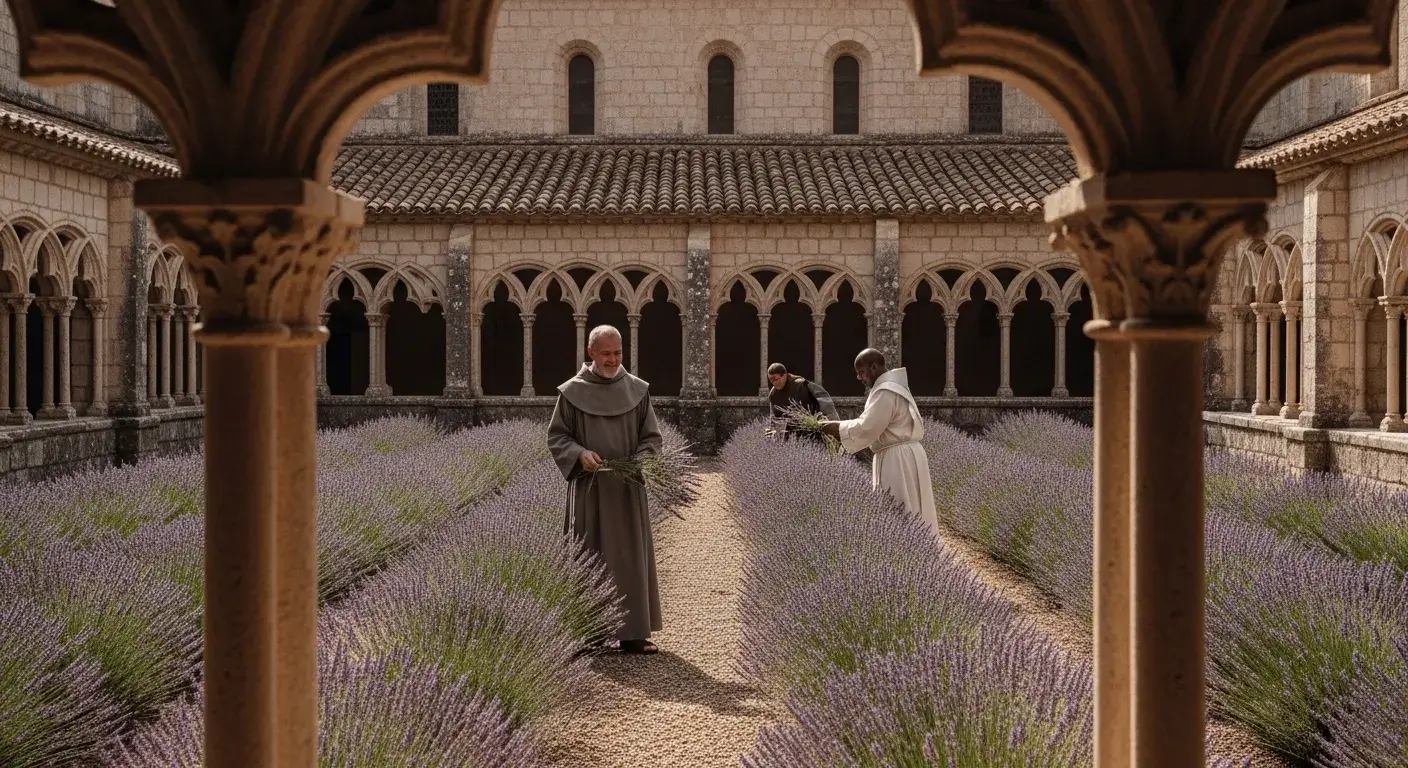 Monastery garden with lavender and monks working