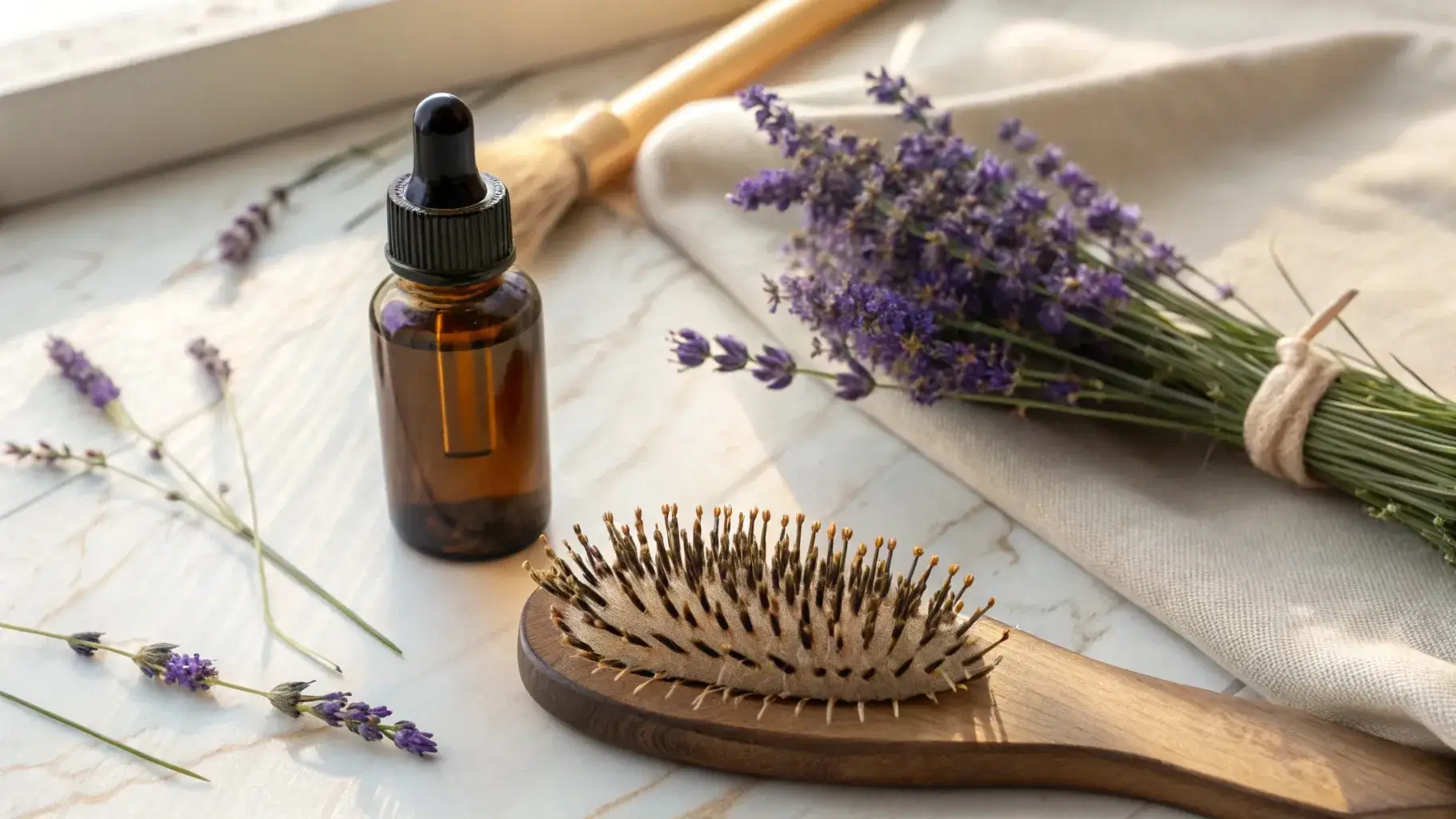 Lavender oil bottle with soft shiny hair