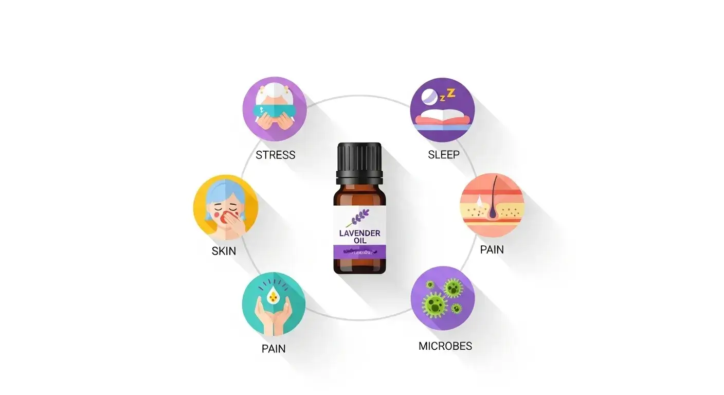 Lavender oil benefits Lavender oil benefit icons with keywords