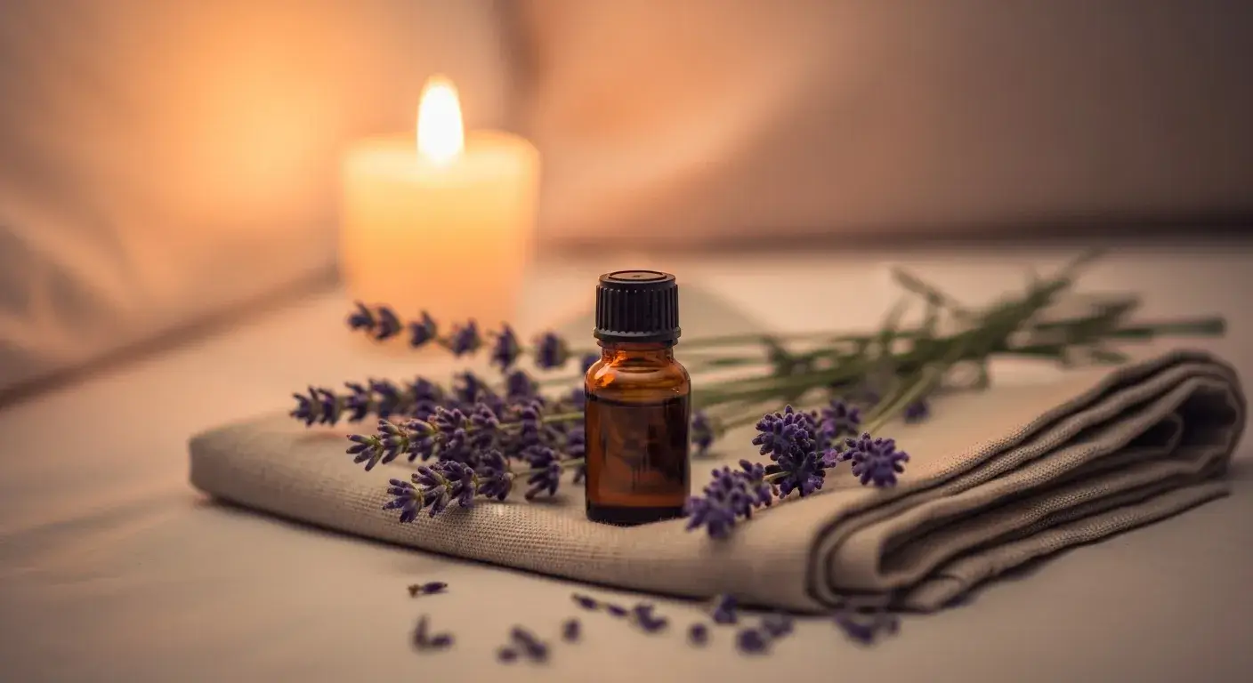 Lavender oil bottle with flower sprigs and candle