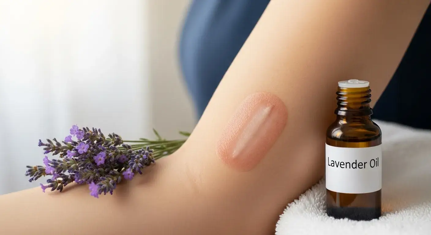Healing benefits of lavender Lavender oil bottle beside healing skin