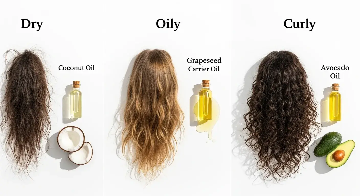 Different hair types with oil bottles