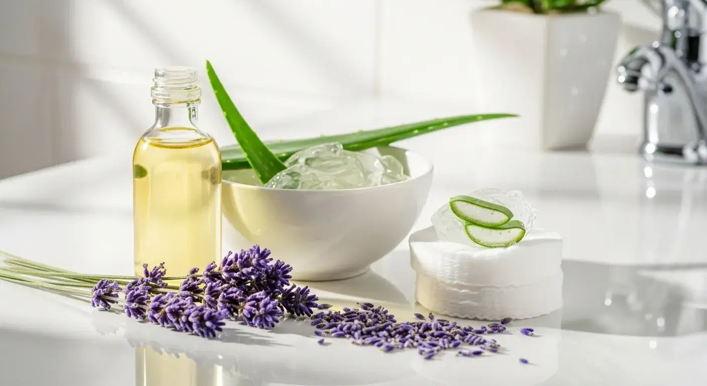 Lavender oil bottle beside aloe and cotton pads