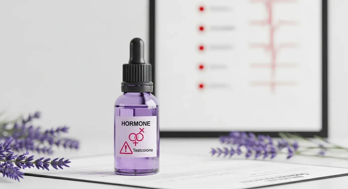 Lavender oil next to hormonal warning symbol