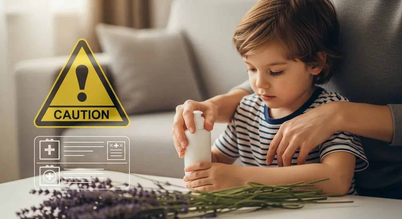 Child using lavender oil with health warning overlay