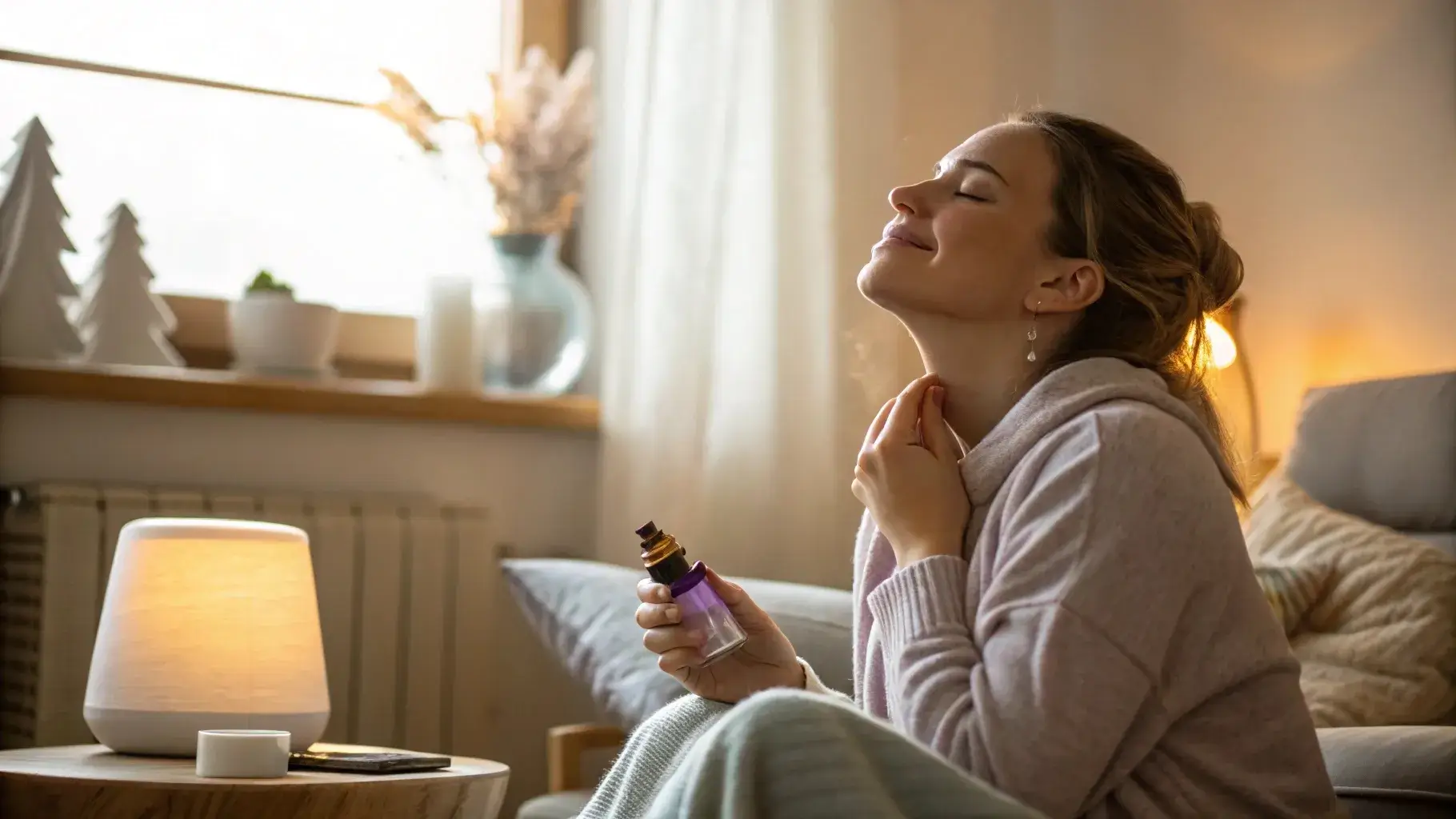 Woman massaging neck with lavender oil