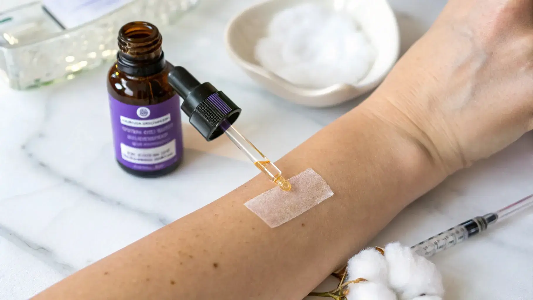 Red patch test on forearm beside oil dropper
