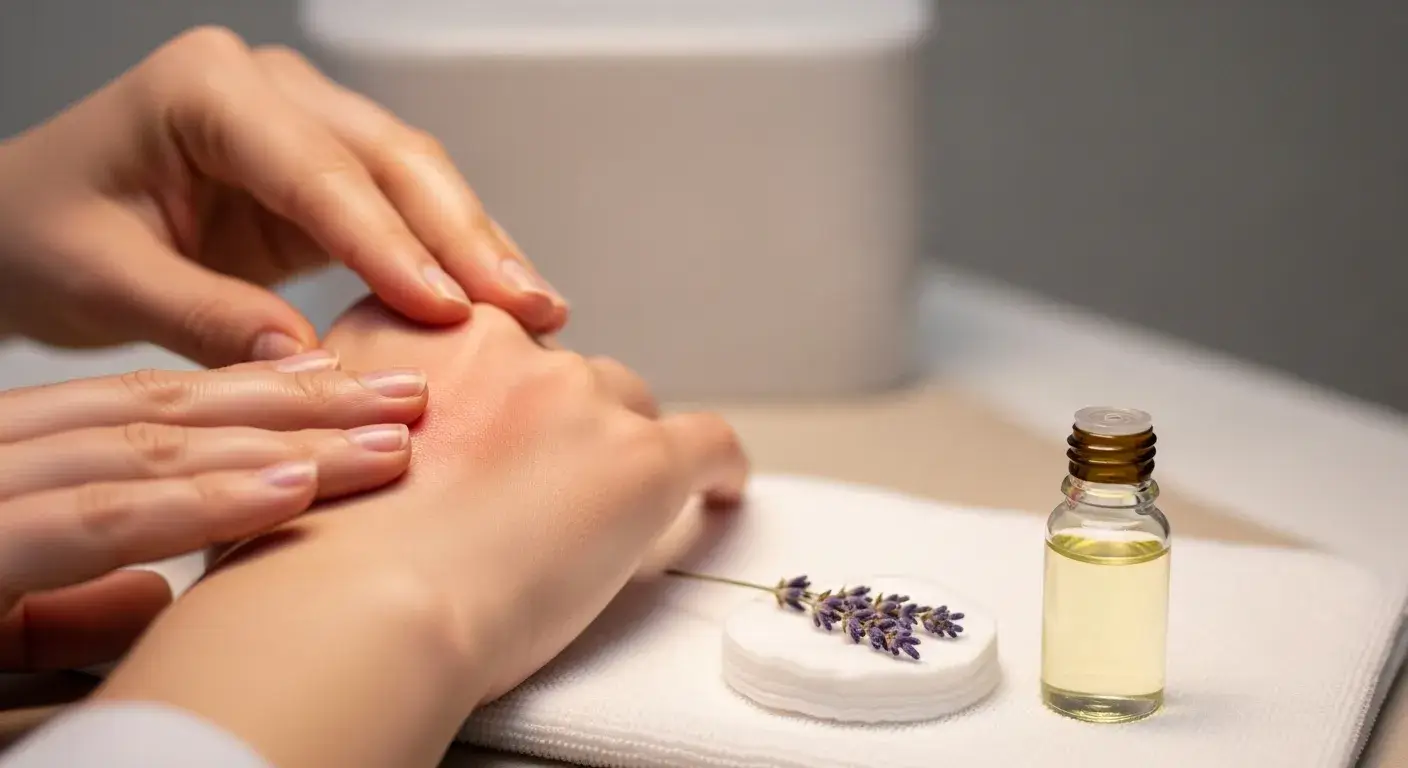 Check burn before applying oil Hand with minor burn being examined