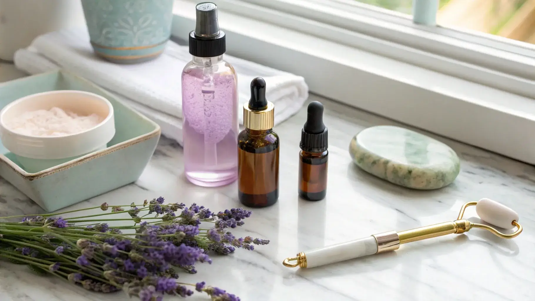 Lavender oil bottles with skincare items